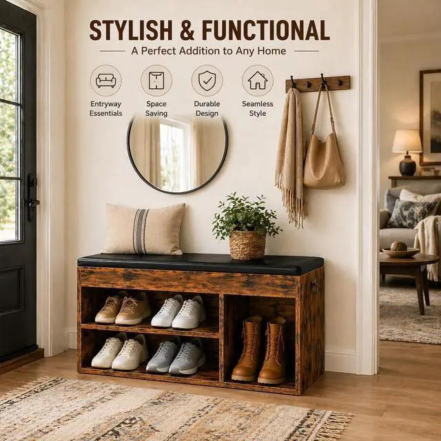 Alt view image 2 of 7 - HOOBRO Shoe Storage Bench with Cushion, 32.3'' Entryway Bench with Lift Top Hidden Storage and Adjustable Shelves, Wooden Shoe Rack Bench for Entryway Bedroom, Rustic Brown and Black BF40HX01