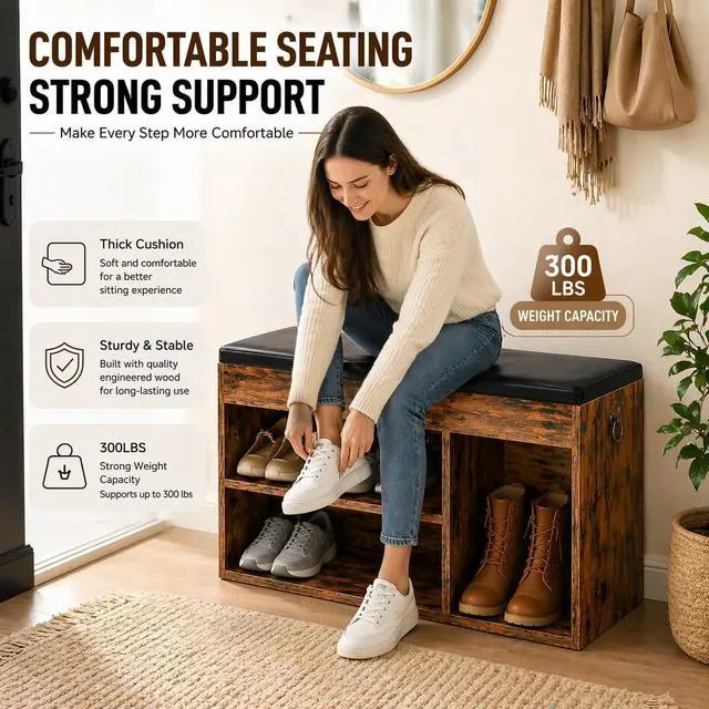 Alt view image 4 of 7 - HOOBRO Shoe Storage Bench with Cushion, 32.3'' Entryway Bench with Lift Top Hidden Storage and Adjustable Shelves, Wooden Shoe Rack Bench for Entryway Bedroom, Rustic Brown and Black BF40HX01