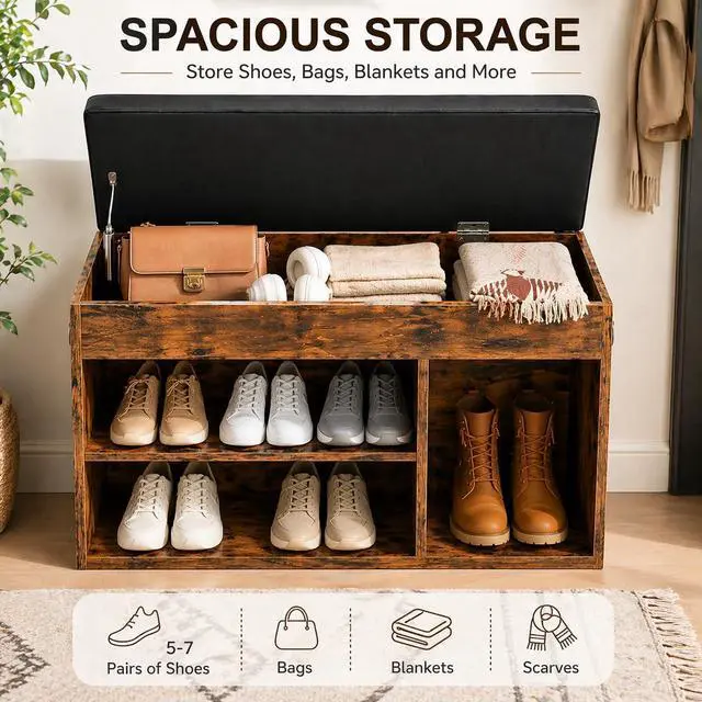 Alt view image 5 of 7 - HOOBRO Shoe Storage Bench with Cushion, 32.3'' Entryway Bench with Lift Top Hidden Storage and Adjustable Shelves, Wooden Shoe Rack Bench for Entryway Bedroom, Rustic Brown and Black BF40HX01