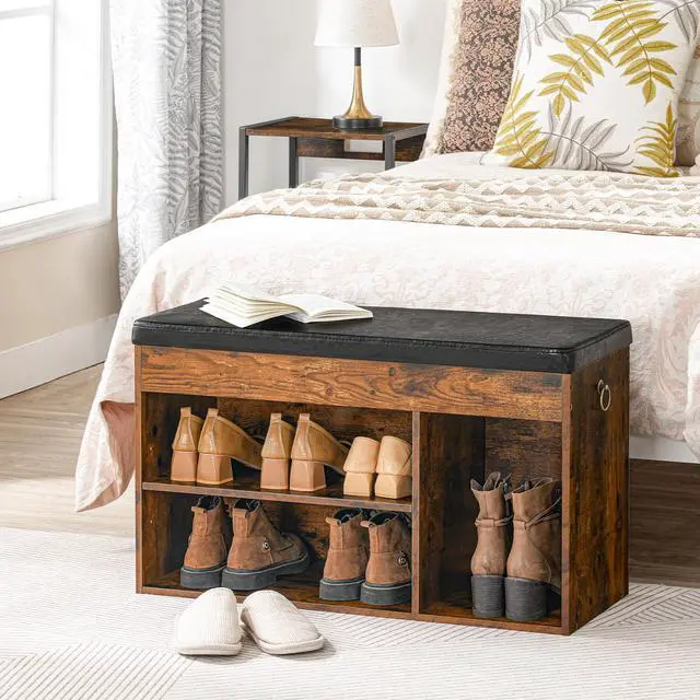 Alt view image 6 of 7 - HOOBRO Shoe Storage Bench with Cushion, 32.3'' Entryway Bench with Lift Top Hidden Storage and Adjustable Shelves, Wooden Shoe Rack Bench for Entryway Bedroom, Rustic Brown and Black BF40HX01