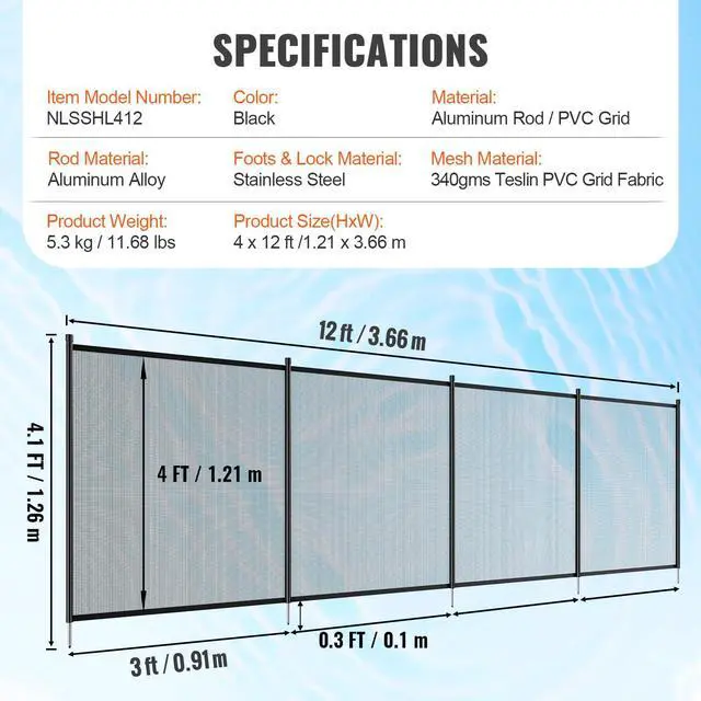 Alt view image 7 of 7 - VEVOR Pool Fence, 4 x 12 FT Pool Fences for Inground Pools, Removable Pool Fencing, Easy DIY Installation Swimming Pool Fence, 340gms Teslin PVC Pool Fence Mesh Protects Kids and Pets