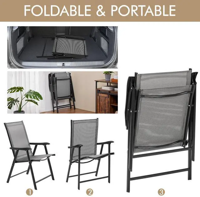 Alt view image 4 of 7 - Yaheetech Patio Dining Chairs Set of 2 with Armrests, Outdoor Folding Chairs with Metal Frame and Backrest for Lawn, Garden, Yard and Poolside, Gray