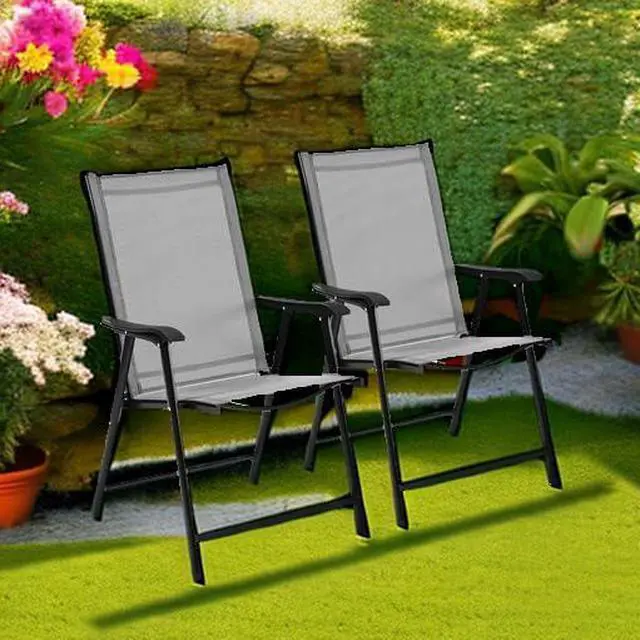 Alt view image 5 of 7 - Yaheetech Patio Dining Chairs Set of 2 with Armrests, Outdoor Folding Chairs with Metal Frame and Backrest for Lawn, Garden, Yard and Poolside, Gray