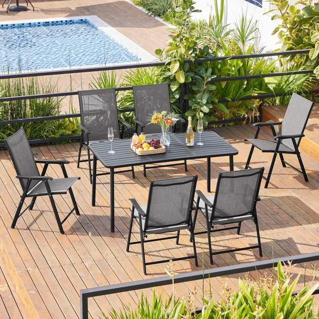 Alt view image 2 of 7 - Yaheetech Patio Dining Chairs Set of 2 with Armrests, Outdoor Folding Chairs with Metal Frame and Backrest for Lawn, Garden, Yard and Poolside, Gray