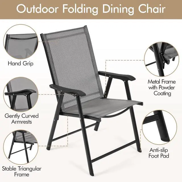 Alt view image 7 of 7 - Yaheetech Patio Dining Chairs Set of 2 with Armrests, Outdoor Folding Chairs with Metal Frame and Backrest for Lawn, Garden, Yard and Poolside, Gray