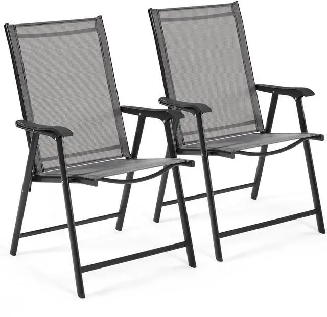 Main image of Yaheetech Patio Dining Chairs Set of 2 with Armrests, Outdoor Folding Chairs with Metal Frame and Backrest for Lawn, Garden, Yard and Poolside, Gray