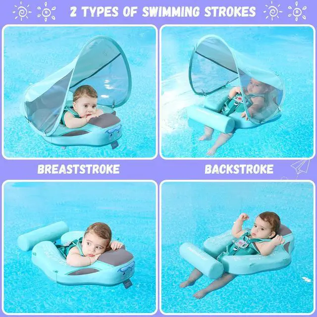 Alt view image 4 of 6 - GENTEACO Mambobaby Baby Swim Float with Canopy Non-Inflatable Infant Pool Float with Tail 3-24 Months Avoid Flip Solid Skin-Friendly Material for Toddler Boys Girls(Deluxe Edition Green)