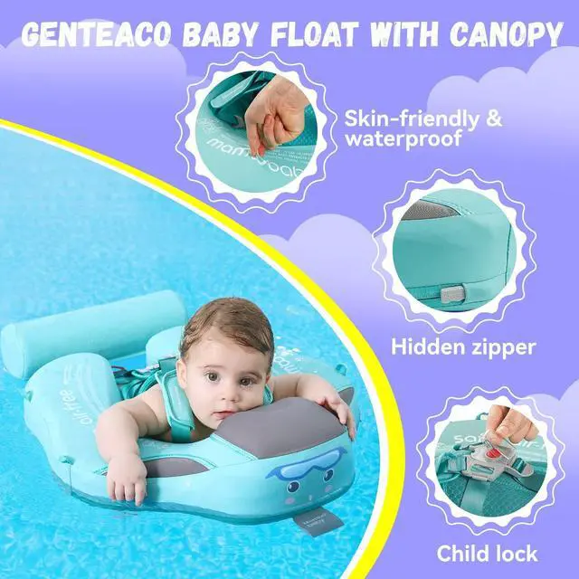 Alt view image 6 of 6 - GENTEACO Mambobaby Baby Swim Float with Canopy Non-Inflatable Infant Pool Float with Tail 3-24 Months Avoid Flip Solid Skin-Friendly Material for Toddler Boys Girls(Deluxe Edition Green)