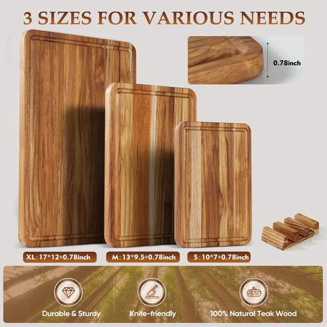 Alt view image 2 of 7 - 3 Pack Teak Cutting Board Set for Kitchen Wood Charcuterie Board with Juice Groove Wooden Cutting Boards Non Toxic Heavy Duty Slip Over Sink Solid Thick Chopping Board FSC