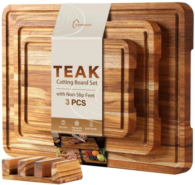 Main image of 3 Pack Teak Cutting Board Set for Kitchen Wood Charcuterie Board with Juice Groove Wooden Cutting Boards Non Toxic Heavy Duty Slip Over Sink Solid Thick Chopping Board FSC