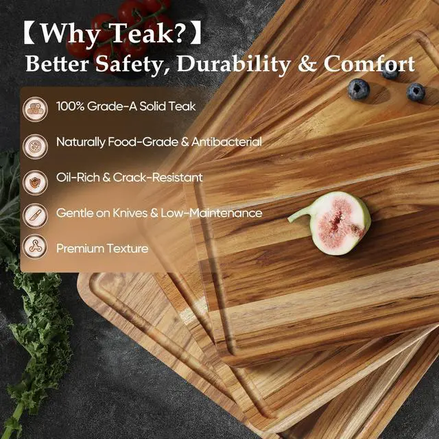 Alt view image 3 of 7 - 3 Pack Teak Cutting Board Set for Kitchen Wood Charcuterie Board with Juice Groove Wooden Cutting Boards Non Toxic Heavy Duty Slip Over Sink Solid Thick Chopping Board FSC