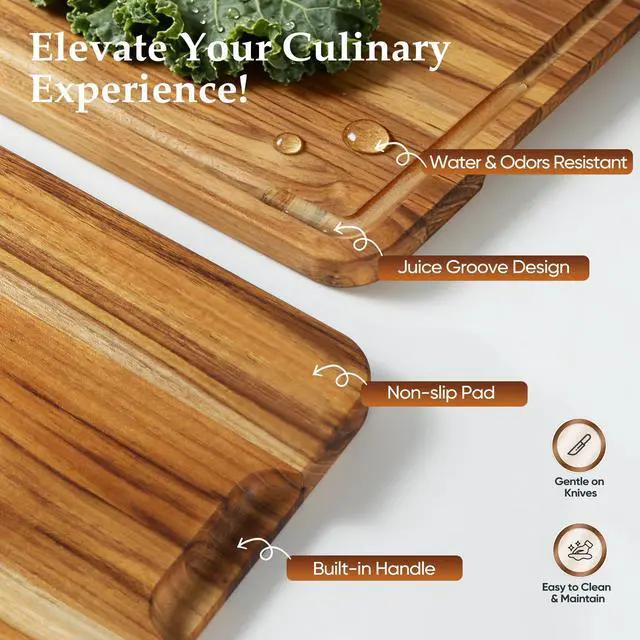 Alt view image 4 of 7 - 3 Pack Teak Cutting Board Set for Kitchen Wood Charcuterie Board with Juice Groove Wooden Cutting Boards Non Toxic Heavy Duty Slip Over Sink Solid Thick Chopping Board FSC