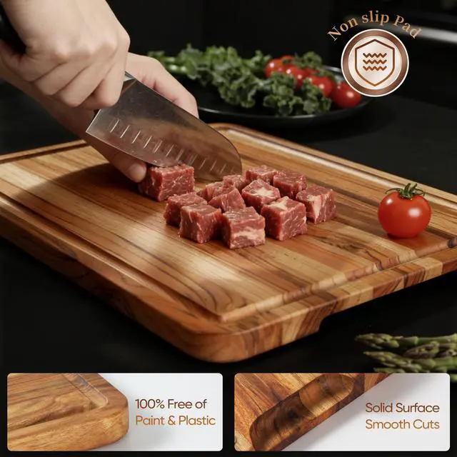 Alt view image 5 of 7 - 3 Pack Teak Cutting Board Set for Kitchen Wood Charcuterie Board with Juice Groove Wooden Cutting Boards Non Toxic Heavy Duty Slip Over Sink Solid Thick Chopping Board FSC