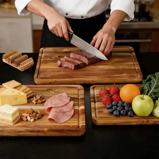 Alt view image 6 of 7 - 3 Pack Teak Cutting Board Set for Kitchen Wood Charcuterie Board with Juice Groove Wooden Cutting Boards Non Toxic Heavy Duty Slip Over Sink Solid Thick Chopping Board FSC