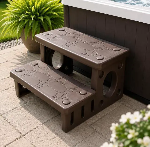 Alt view image 2 of 7 - XtremepowerUS Universal Multi Purpose 2-Step Spa Hot Tub Pool Outdoor Indoor Camper RV Deck Steps Sided Step for Porch, Patio, Deck, Bathtub, Swimming Pool Mocha