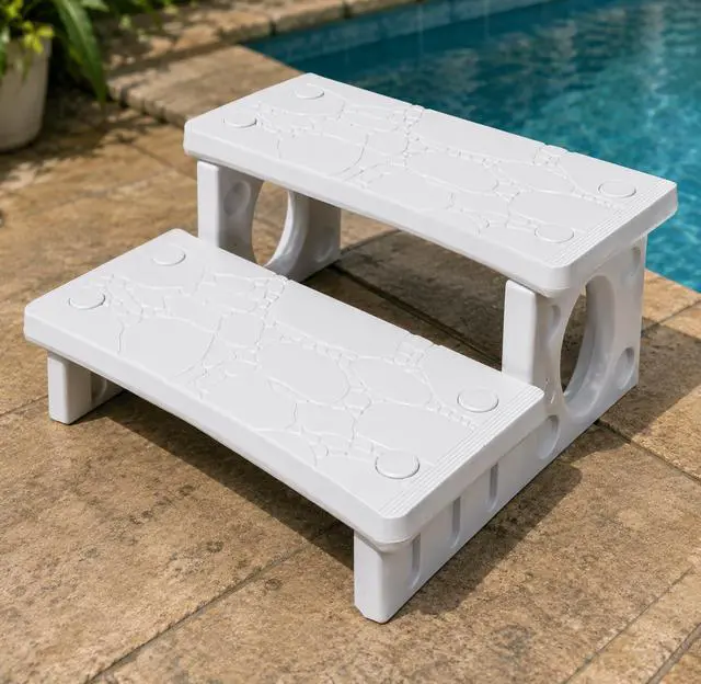 Alt view image 2 of 6 - XtremepowerUS 2-Steps Heavy Duty Plastic Resin Spa Steps - Hot Tub, Inflatable Pool, and Patio Accessories, for Outdoor Use, Weatherproof Materials, White