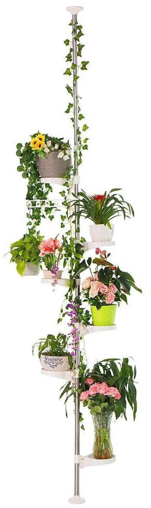 Main image of BAOYOUNI 7-Layer Indoor Plant Stands Spring Tension Pole Metal Flower Display Rack Space Saver Corner Floral Pot Hanger Shelf, Ivory