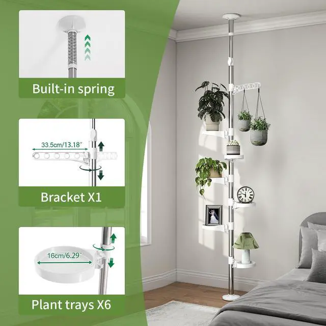 Alt view image 4 of 7 - BAOYOUNI 7-Layer Indoor Plant Stands Spring Tension Pole Metal Flower Display Rack Space Saver Corner Floral Pot Hanger Shelf, Ivory