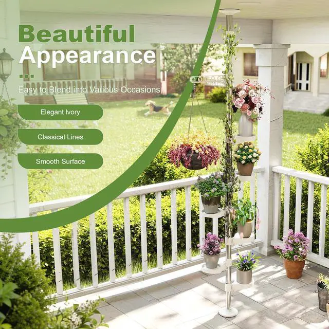 Alt view image 5 of 7 - BAOYOUNI 7-Layer Indoor Plant Stands Spring Tension Pole Metal Flower Display Rack Space Saver Corner Floral Pot Hanger Shelf, Ivory