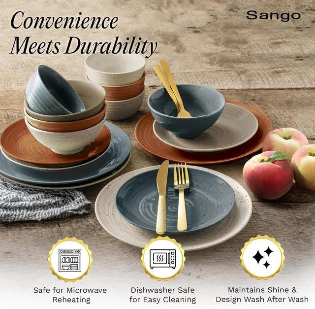 Alt view image 4 of 7 - Sango Siterra Painter's Palette 16-Piece Stoneware Dinnerware Set - Service for 4, Ceramic Plates and Bowls Sets, Chip Resistant, Rustic Dishware, Microwave & Dishwasher Safe Kitchen Dishes