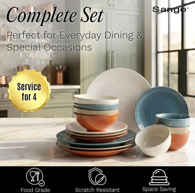 Alt view image 5 of 7 - Sango Siterra Painter's Palette 16-Piece Stoneware Dinnerware Set - Service for 4, Ceramic Plates and Bowls Sets, Chip Resistant, Rustic Dishware, Microwave & Dishwasher Safe Kitchen Dishes