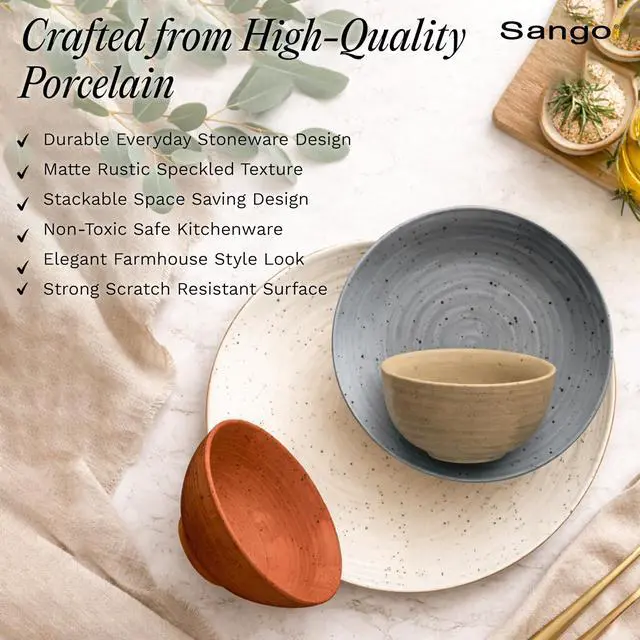 Alt view image 6 of 7 - Sango Siterra Painter's Palette 16-Piece Stoneware Dinnerware Set - Service for 4, Ceramic Plates and Bowls Sets, Chip Resistant, Rustic Dishware, Microwave & Dishwasher Safe Kitchen Dishes