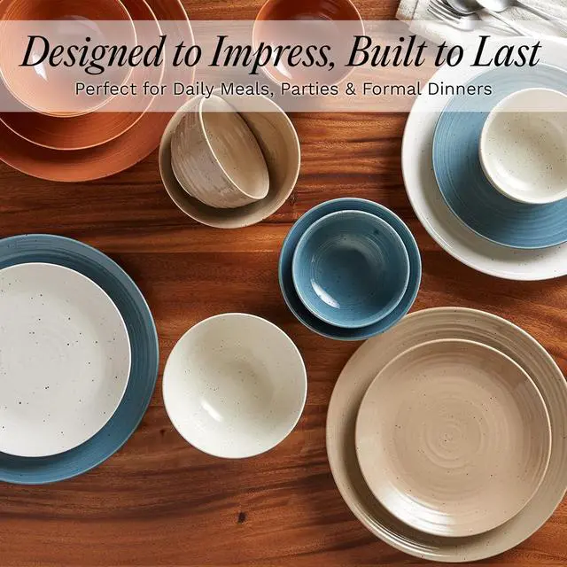 Alt view image 7 of 7 - Sango Siterra Painter's Palette 16-Piece Stoneware Dinnerware Set - Service for 4, Ceramic Plates and Bowls Sets, Chip Resistant, Rustic Dishware, Microwave & Dishwasher Safe Kitchen Dishes