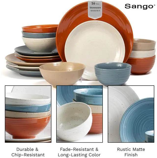 Alt view image 3 of 7 - Sango Siterra Painter's Palette 16-Piece Stoneware Dinnerware Set - Service for 4, Ceramic Plates and Bowls Sets, Chip Resistant, Rustic Dishware, Microwave & Dishwasher Safe Kitchen Dishes