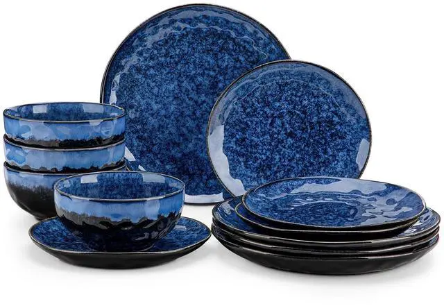 Main image of vancasso Starry Dinnerware Set for 4, Handmade Reactive Glaze Stoneware 12 Pieces Plates and Bowls Sets, Dishwasher and Microwave Safe Dish Set, Blue