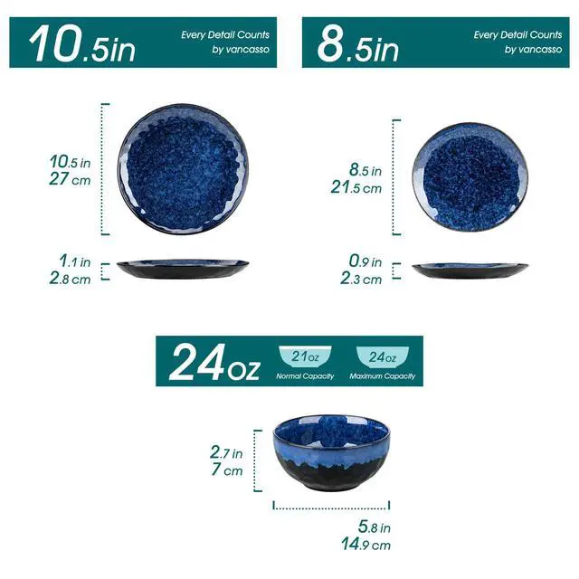 Alt view image 2 of 7 - vancasso Starry Dinnerware Set for 4, Handmade Reactive Glaze Stoneware 12 Pieces Plates and Bowls Sets, Dishwasher and Microwave Safe Dish Set, Blue