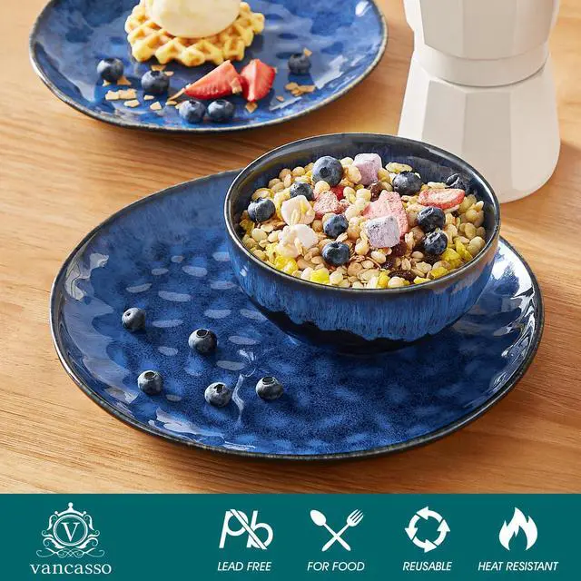 Alt view image 3 of 7 - vancasso Starry Dinnerware Set for 4, Handmade Reactive Glaze Stoneware 12 Pieces Plates and Bowls Sets, Dishwasher and Microwave Safe Dish Set, Blue