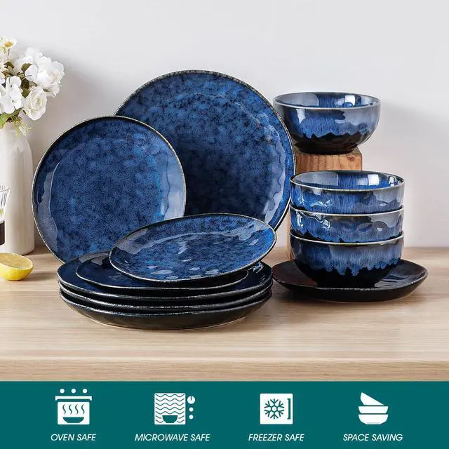 Alt view image 4 of 7 - vancasso Starry Dinnerware Set for 4, Handmade Reactive Glaze Stoneware 12 Pieces Plates and Bowls Sets, Dishwasher and Microwave Safe Dish Set, Blue