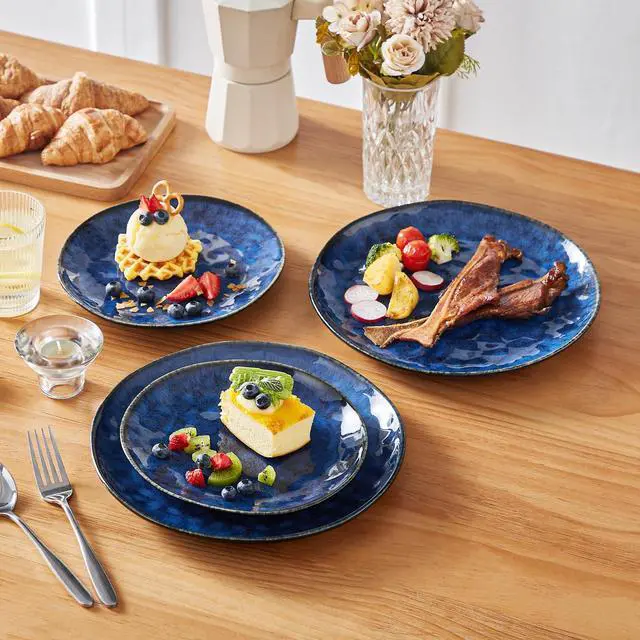 Alt view image 5 of 7 - vancasso Starry Dinnerware Set for 4, Handmade Reactive Glaze Stoneware 12 Pieces Plates and Bowls Sets, Dishwasher and Microwave Safe Dish Set, Blue