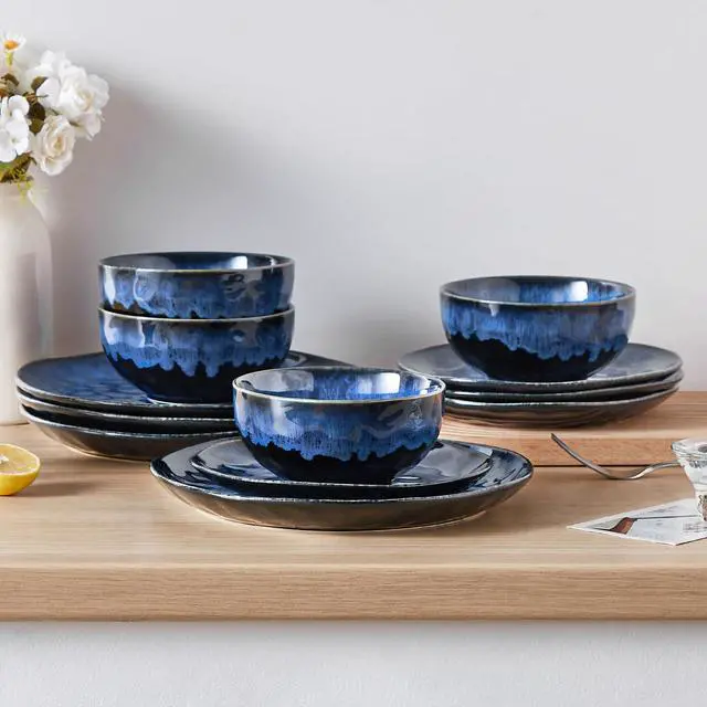 Alt view image 6 of 7 - vancasso Starry Dinnerware Set for 4, Handmade Reactive Glaze Stoneware 12 Pieces Plates and Bowls Sets, Dishwasher and Microwave Safe Dish Set, Blue