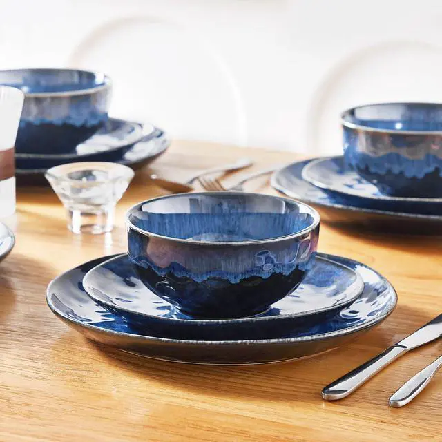 Alt view image 7 of 7 - vancasso Starry Dinnerware Set for 4, Handmade Reactive Glaze Stoneware 12 Pieces Plates and Bowls Sets, Dishwasher and Microwave Safe Dish Set, Blue