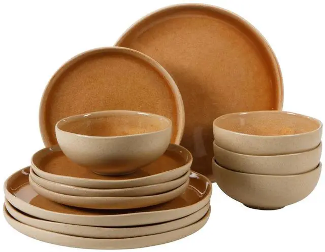 Main image of Gibson Elite Manila Bay 12-Piece Stoneware Dinnerware Set, Service for 4, Reactive Glaze Modern Artisan Plates, Bowls & Mugs, Orange, Round Design