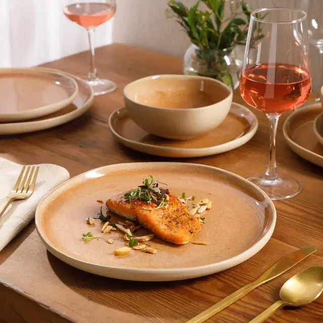 Alt view image 2 of 7 - Gibson Elite Manila Bay 12-Piece Stoneware Dinnerware Set, Service for 4, Reactive Glaze Modern Artisan Plates, Bowls & Mugs, Orange, Round Design