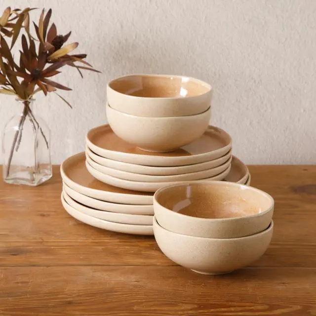 Alt view image 5 of 7 - Gibson Elite Manila Bay 12-Piece Stoneware Dinnerware Set, Service for 4, Reactive Glaze Modern Artisan Plates, Bowls & Mugs, Orange, Round Design