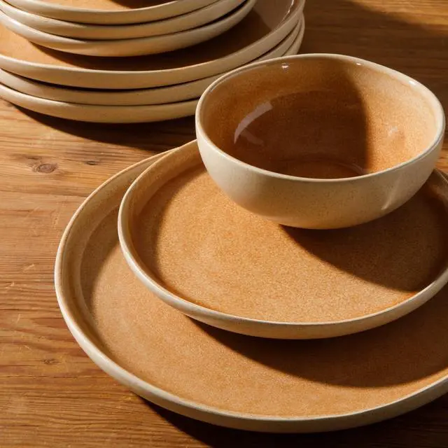 Alt view image 4 of 7 - Gibson Elite Manila Bay 12-Piece Stoneware Dinnerware Set, Service for 4, Reactive Glaze Modern Artisan Plates, Bowls & Mugs, Orange, Round Design