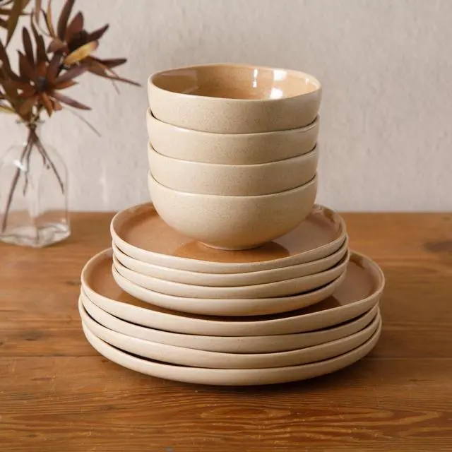 Alt view image 6 of 7 - Gibson Elite Manila Bay 12-Piece Stoneware Dinnerware Set, Service for 4, Reactive Glaze Modern Artisan Plates, Bowls & Mugs, Orange, Round Design