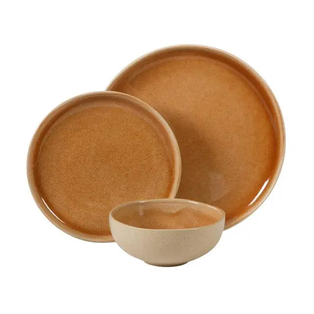 Alt view image 7 of 7 - Gibson Elite Manila Bay 12-Piece Stoneware Dinnerware Set, Service for 4, Reactive Glaze Modern Artisan Plates, Bowls & Mugs, Orange, Round Design