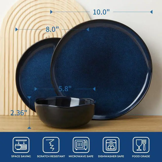 Alt view image 2 of 7 - Pokini Ceramic Dinnerware Sets, Microwave Safe Plates and Bowls Sets, Kitchen Dishes Set for 4, Unbreakable & Dishwasher Safe Tableware, Everyday Use, Starry Blue