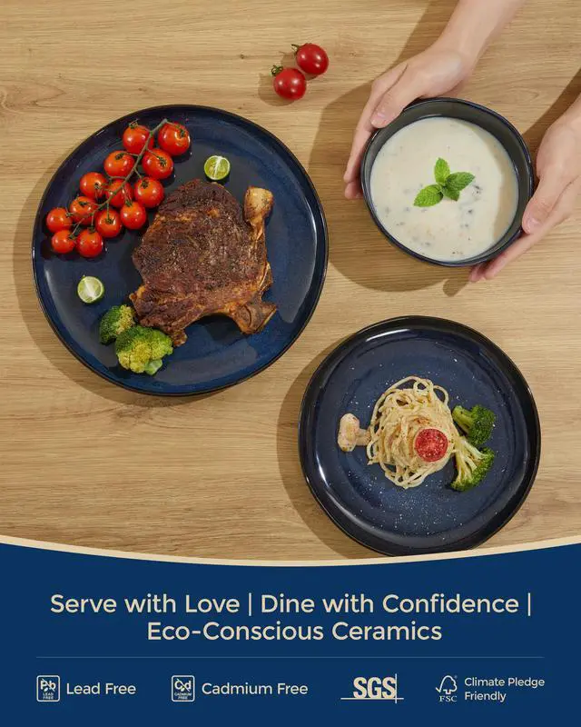 Alt view image 4 of 7 - Pokini Ceramic Dinnerware Sets, Microwave Safe Plates and Bowls Sets, Kitchen Dishes Set for 4, Unbreakable & Dishwasher Safe Tableware, Everyday Use, Starry Blue