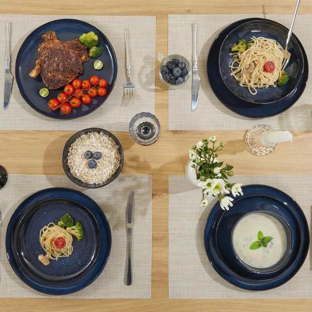 Alt view image 7 of 7 - Pokini Ceramic Dinnerware Sets, Microwave Safe Plates and Bowls Sets, Kitchen Dishes Set for 4, Unbreakable & Dishwasher Safe Tableware, Everyday Use, Starry Blue