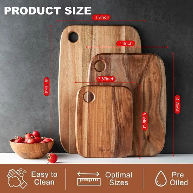 Alt view image 6 of 7 - Acacia Wood Cutting Boards Set of 3 for Kitchen, Large Wooden Cutting Board Set, Thick Chopping Board,Butcher Block,Wooden Trays for Meat, Fruit Vegetable and Cheese