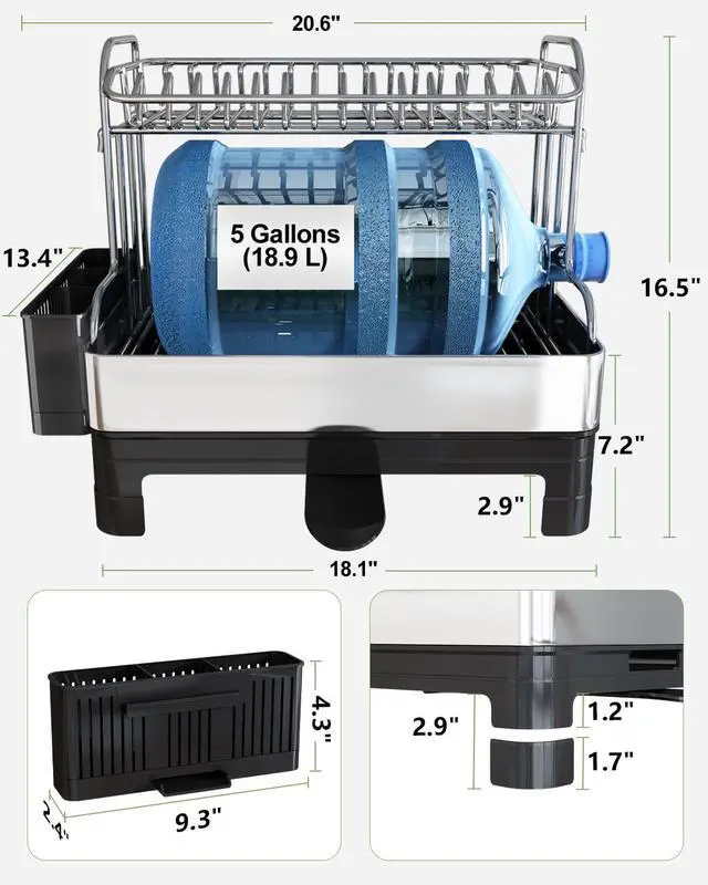 Alt view image 2 of 7 - BOOSINY Extra Large Two Tier Stainless Steel Dish Drainer Drying Rack with Drainboard for Kitchen Counter, Modern Black and Silver, Rust Proof Metal, Space Saving Countertop Big Plate Dryer and Tray