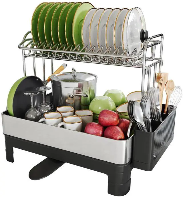 Main image of BOOSINY Extra Large Two Tier Stainless Steel Dish Drainer Drying Rack with Drainboard for Kitchen Counter, Modern Black and Silver, Rust Proof Metal, Space Saving Countertop Big Plate Dryer and Tray