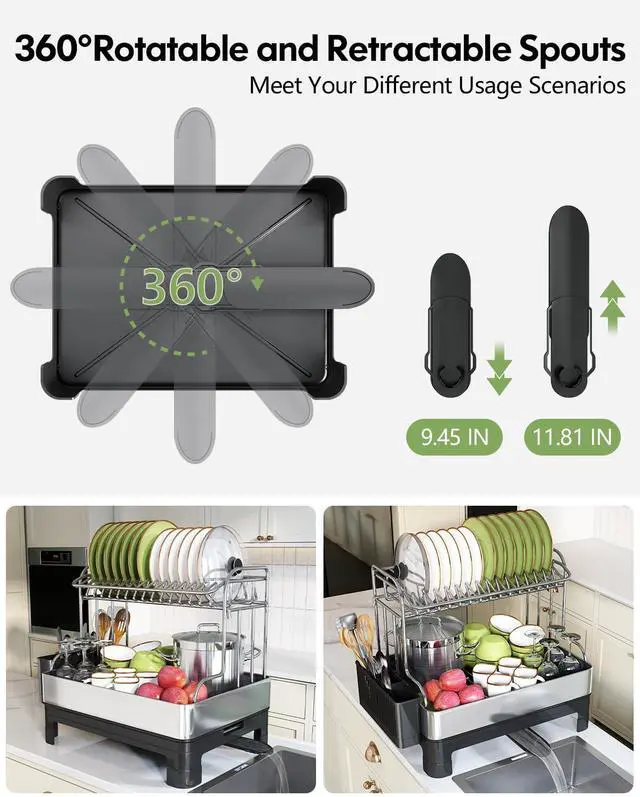 Alt view image 5 of 7 - BOOSINY Extra Large Two Tier Stainless Steel Dish Drainer Drying Rack with Drainboard for Kitchen Counter, Modern Black and Silver, Rust Proof Metal, Space Saving Countertop Big Plate Dryer and Tray