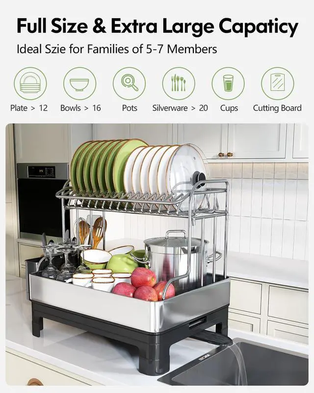 Alt view image 6 of 7 - BOOSINY Extra Large Two Tier Stainless Steel Dish Drainer Drying Rack with Drainboard for Kitchen Counter, Modern Black and Silver, Rust Proof Metal, Space Saving Countertop Big Plate Dryer and Tray