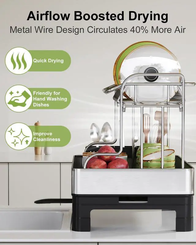 Alt view image 7 of 7 - BOOSINY Extra Large Two Tier Stainless Steel Dish Drainer Drying Rack with Drainboard for Kitchen Counter, Modern Black and Silver, Rust Proof Metal, Space Saving Countertop Big Plate Dryer and Tray